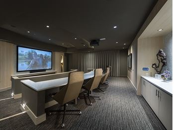 Theater-style seating private media room that includes hd projector with surround-sound